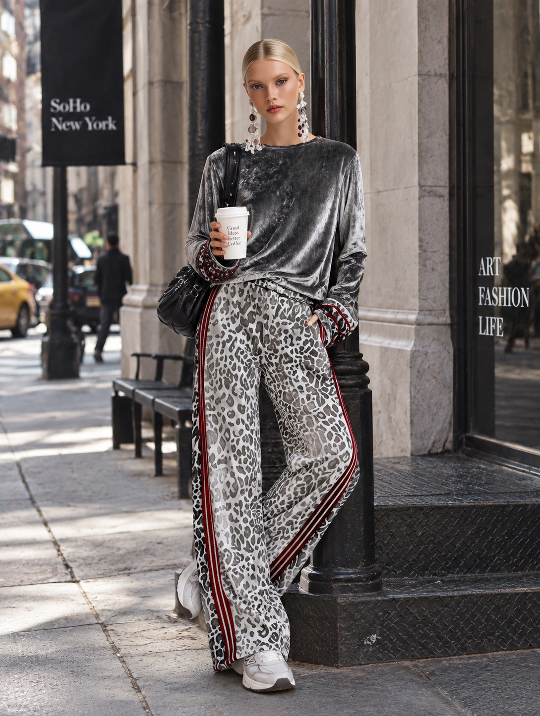 Casual women's outfit featuring a striped trim grey T-shirt and leopard-print wide-leg trousers from Oyrosy Clothing.