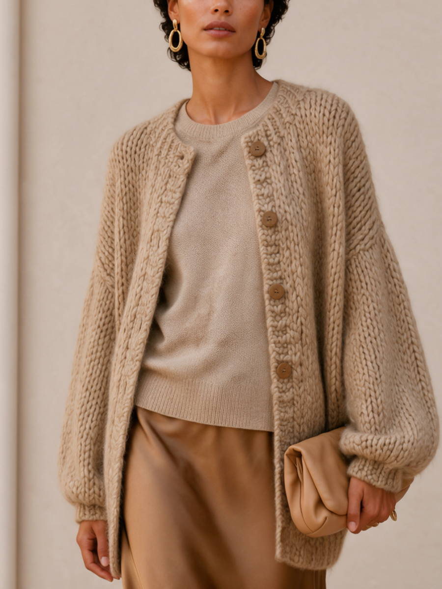 Women's Button Detail Relaxed Knit Round Neck Cardigan MDZ0418I0GMJ