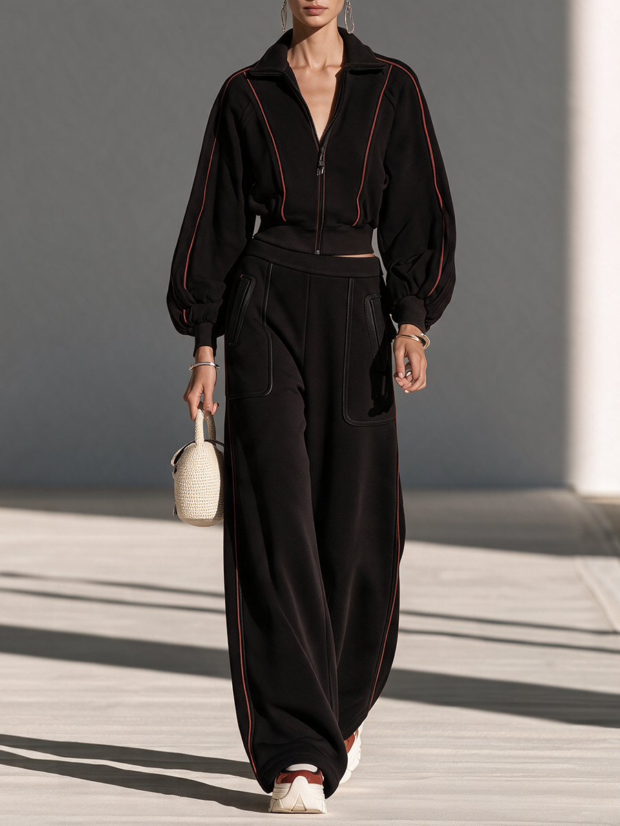 Women's Collared Zip Contrast-Trim Drop-Shoulder Balloon-Sleeve Cropped Jacket And Wide-Leg Pants Set
