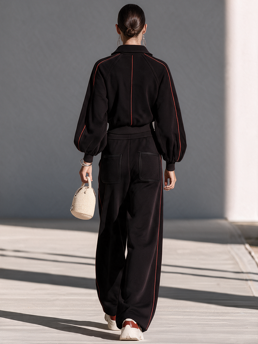 Women's Collared Zip Contrast-Trim Drop-Shoulder Balloon-Sleeve Cropped Jacket And Wide-Leg Pants Set