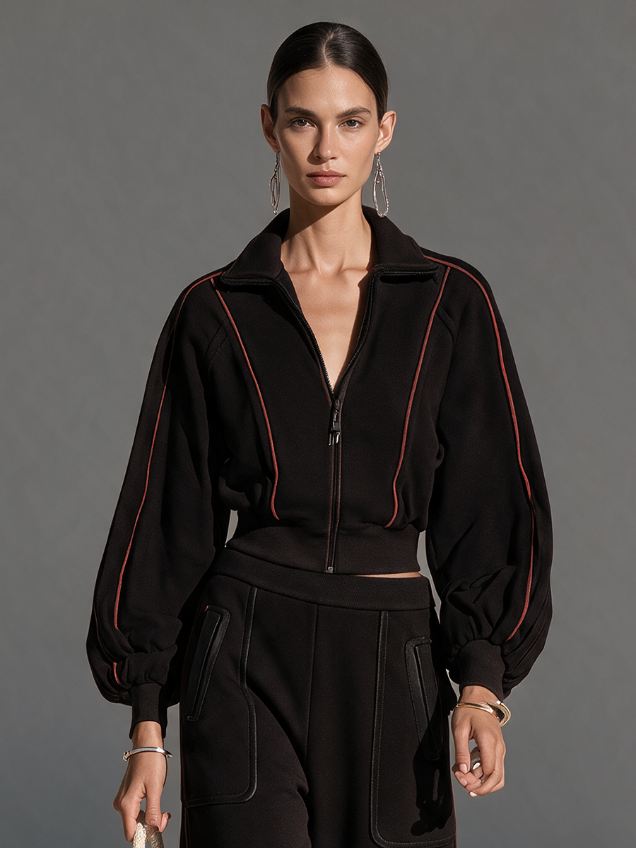 Women's Collared Zip Contrast-Trim Drop-Shoulder Balloon-Sleeve Cropped Jacket And Wide-Leg Pants Set