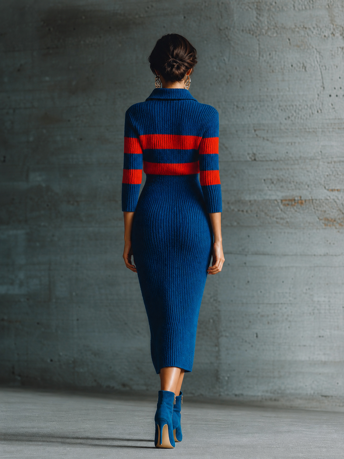 Women's Striped Collared Blue Midi Sweater Dress MDZ0710I5YZJ