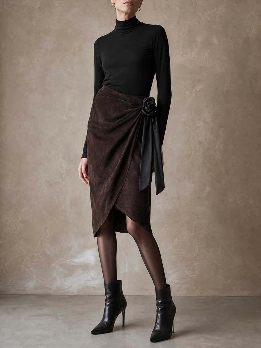 Women's Ruched Rose Detail Brown Black Skirt Set MDZ0740I7YZJ