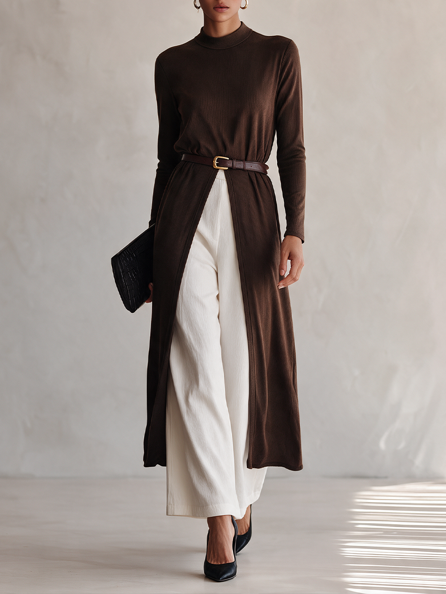 Women's Ribbed Knit Long Top & Cotton-Blend Wide-Leg Pants Set (Belt Not Included) MDZ0730I4ZRK