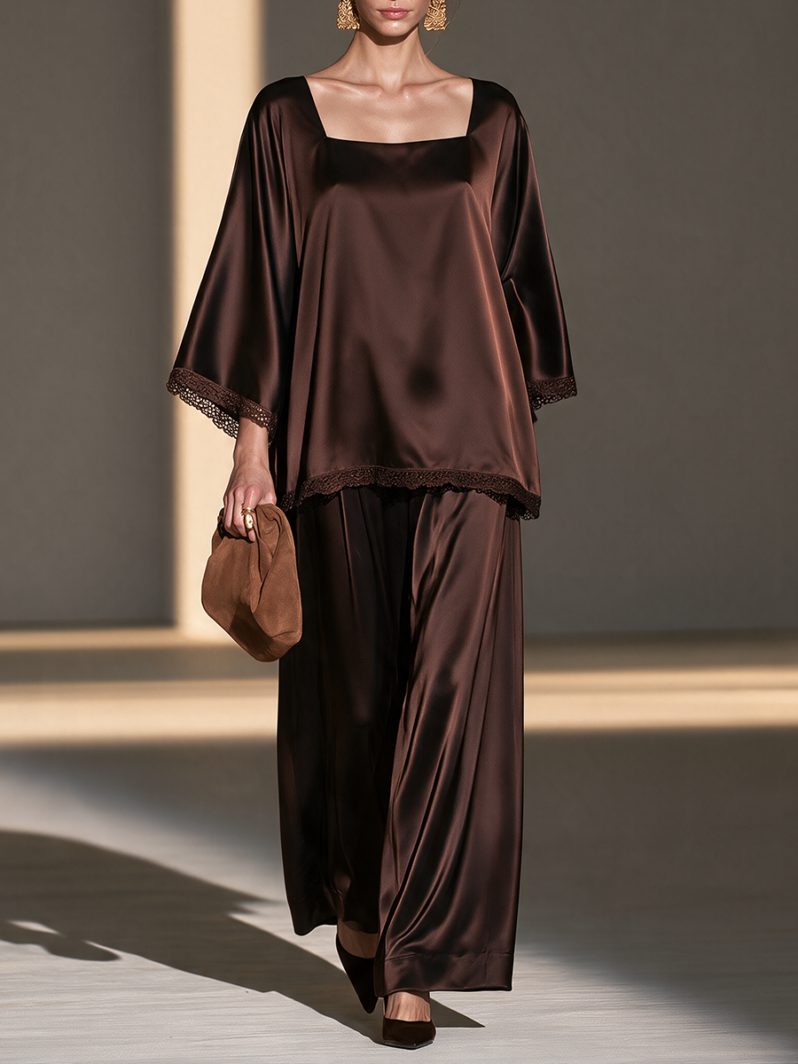 Women's Square-Neck Lace-Trim Long-Sleeve Top And Wide-Leg Pants Set MDZ0127I1CMX