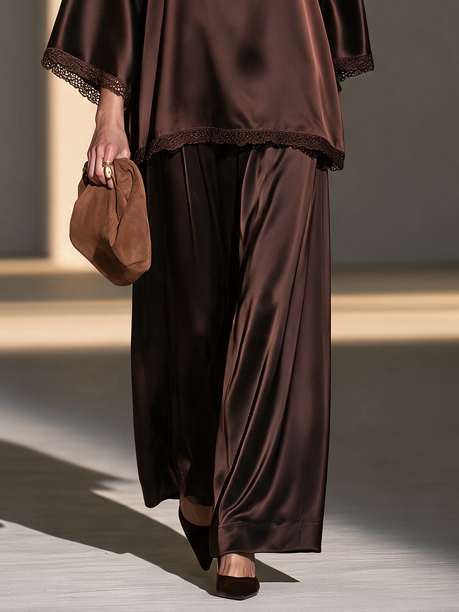 Women's Square-Neck Lace-Trim Long-Sleeve Top And Wide-Leg Pants Set MDZ0127I1CMX