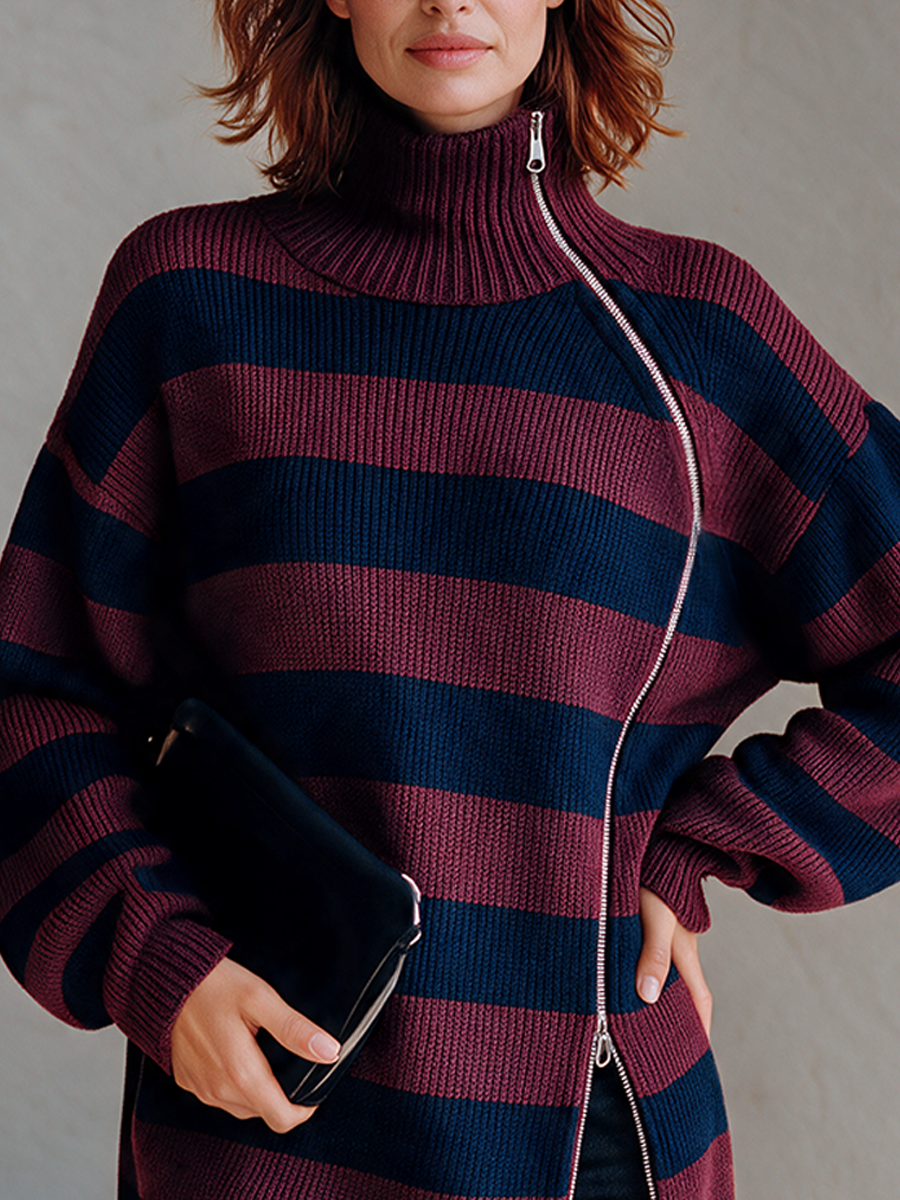 Women's Striped Knit Top With Asymmetric Zipper MDZ0728I0ZRK