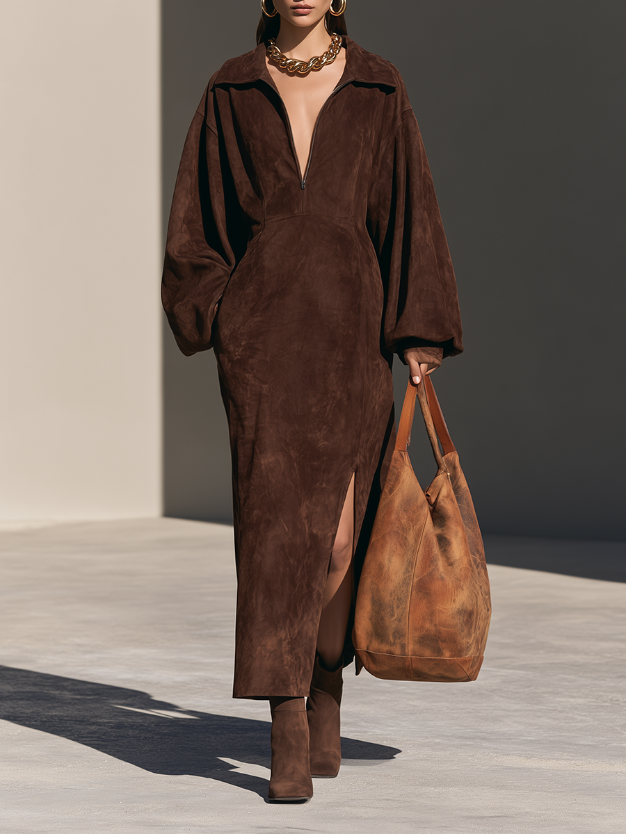 Women's Collared Half-Zip Drop-Shoulder Balloon-Sleeve Slit Faux-Suede Maxi Dress MDZ0150I8CMX