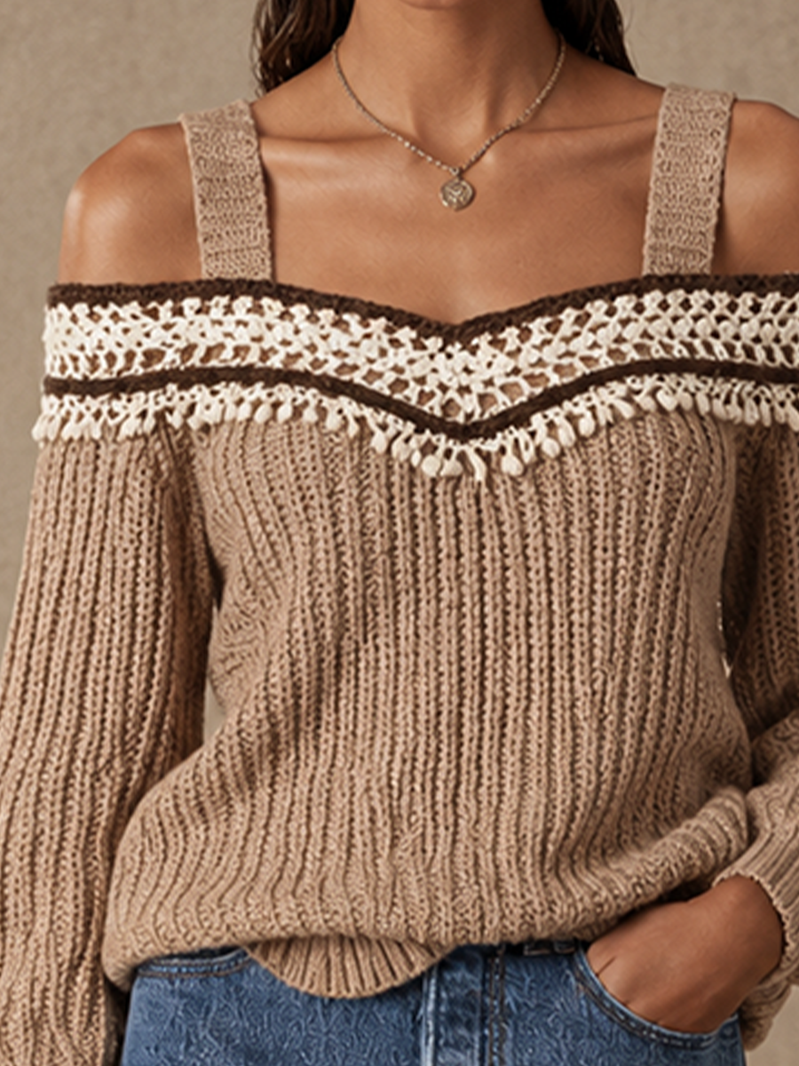 Women's Crochet Trim Bohemian Off-Shoulder Sweater MDZ0762I5GMJ