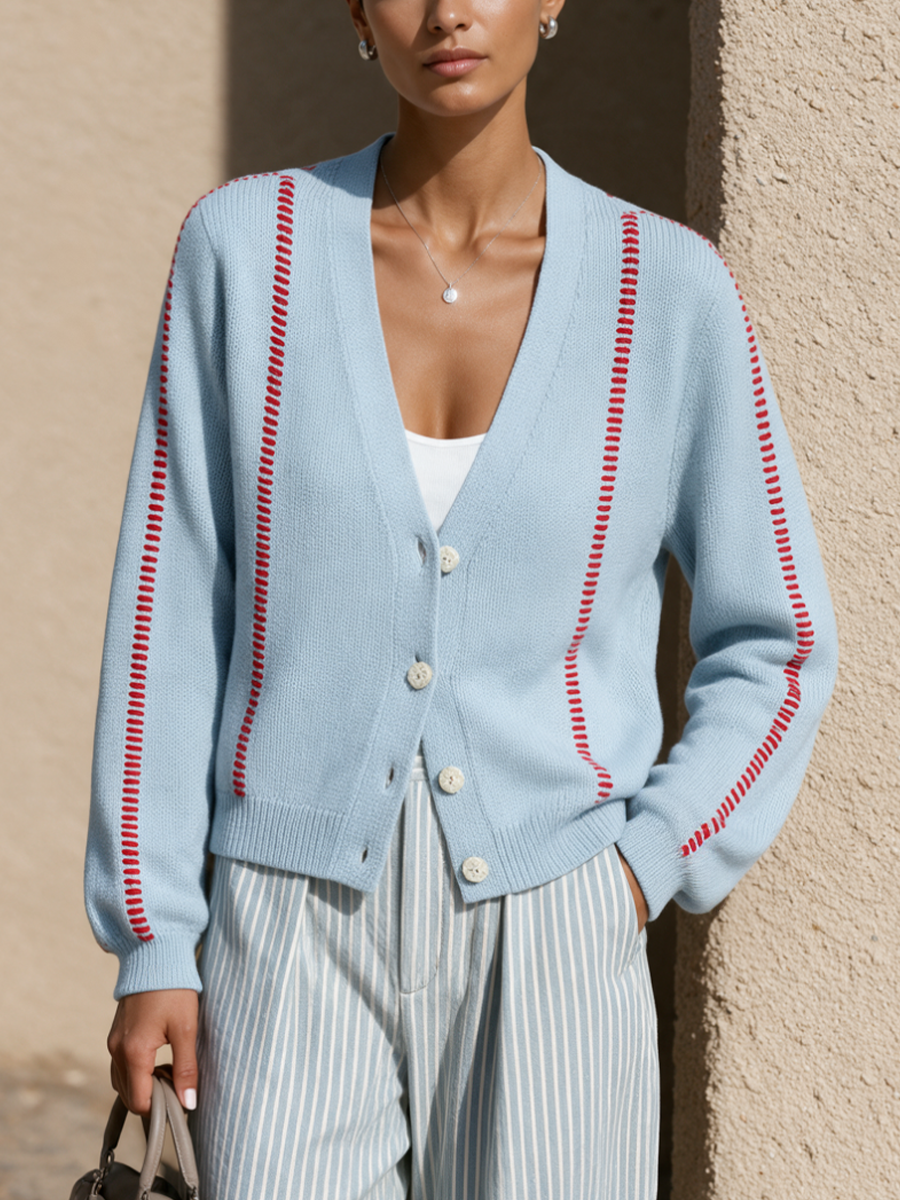 Women's Contrast Stitch Casual V-Neck Cardigan MDZ0727I6GMJ