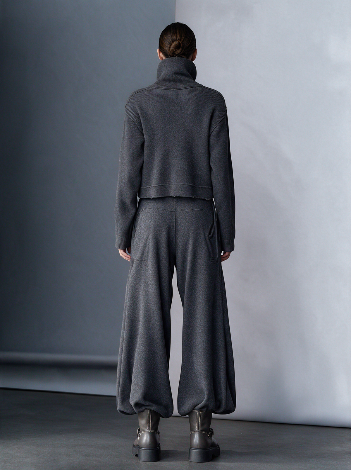 Women's High‑Collar Knit Military‑Style Cropped Jacket & Harem Wide‑Leg Pants Set MDZ0804I3R