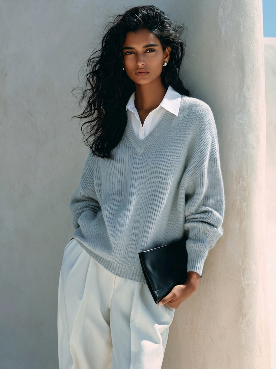Women's Faux-Layer Knit Top With Shirt Collar