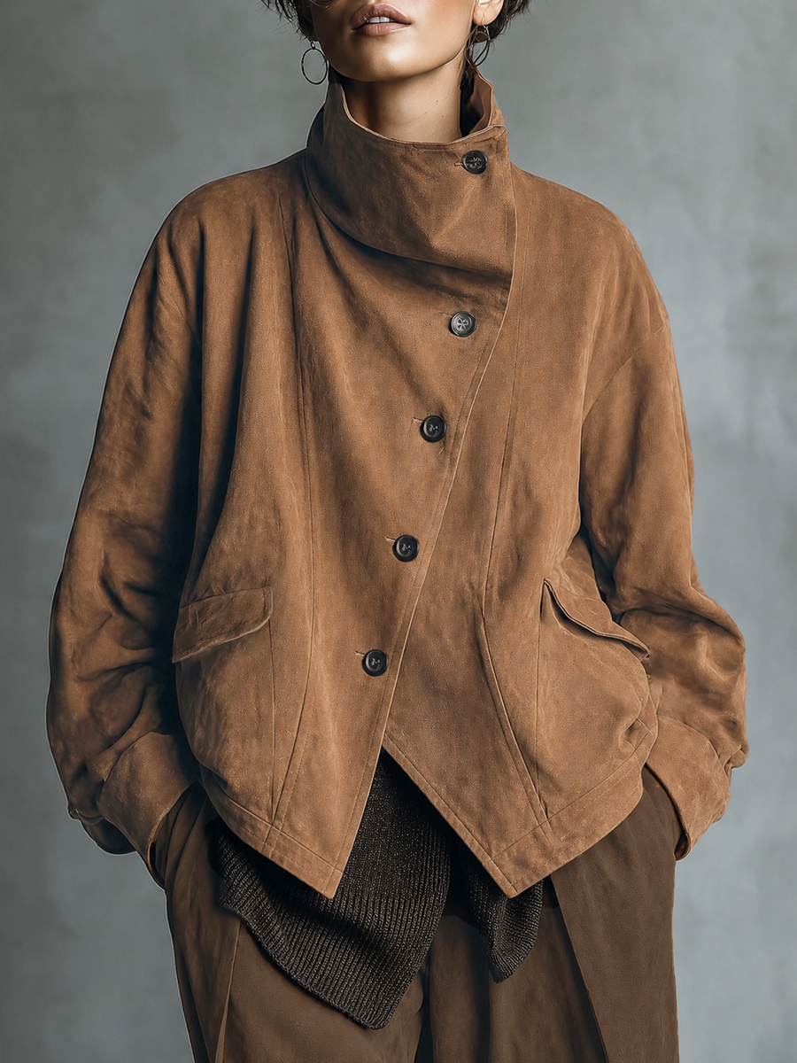 Women's Asymmetric Button Front Brown Jacket MDZ0808I0YZJ