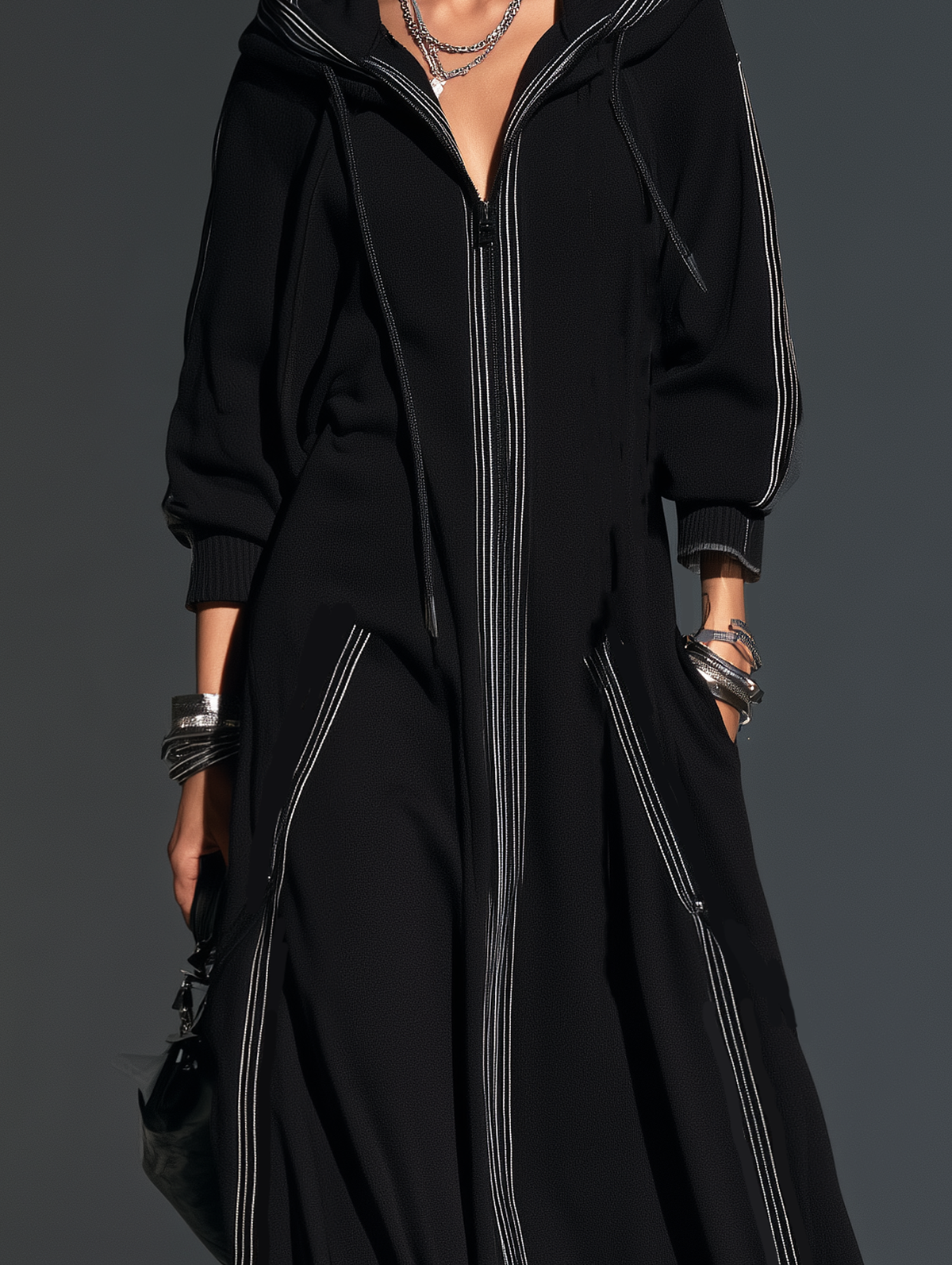 Women's Casual Black Long-Sleeve Hooded Long Coat In Sweatshirt Fabric
