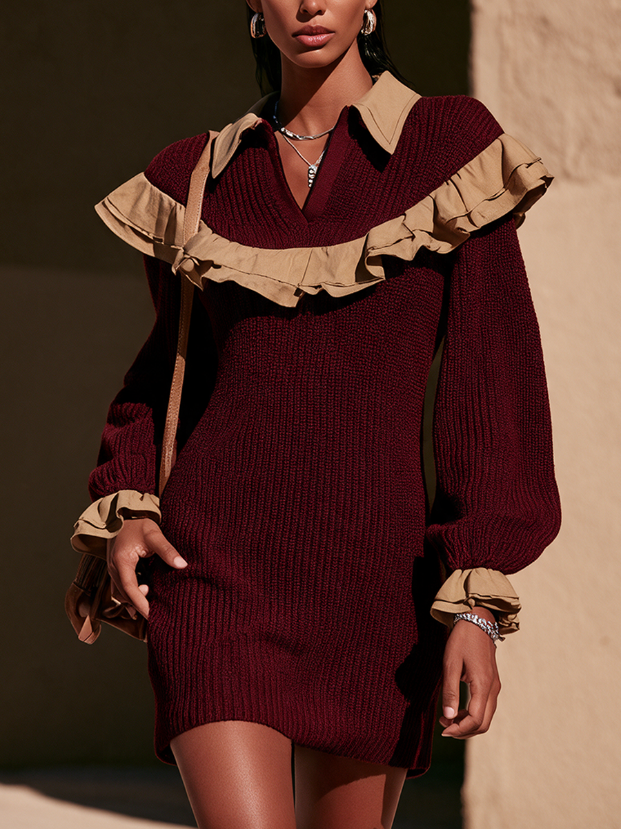 Women's Contrast Ruffle Elegant Knit Mini Dress