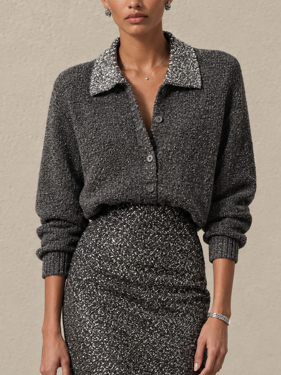 Women's Sequin Panel Elegant Collared Sweater And Maxi Skirt Set