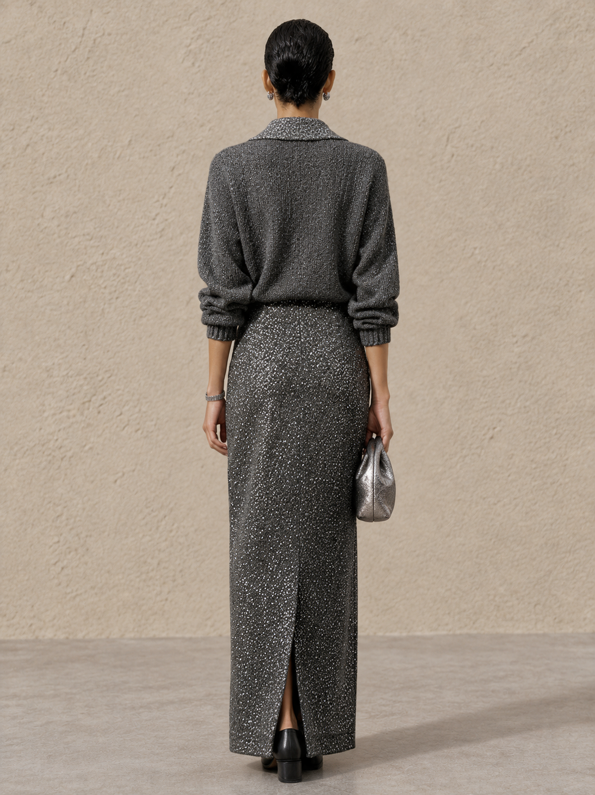 Women's Sequin Panel Elegant Collared Sweater And Maxi Skirt Set