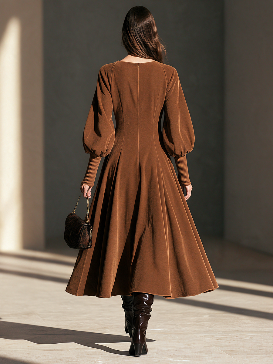 Women's Caramel-Brown Lapel Leather-Tab Cinched-Waist Blouson-Sleeve Full-Skirt Midi Coat