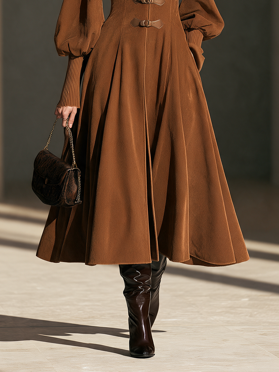 Women's Caramel-Brown Lapel Leather-Tab Cinched-Waist Blouson-Sleeve Full-Skirt Midi Coat