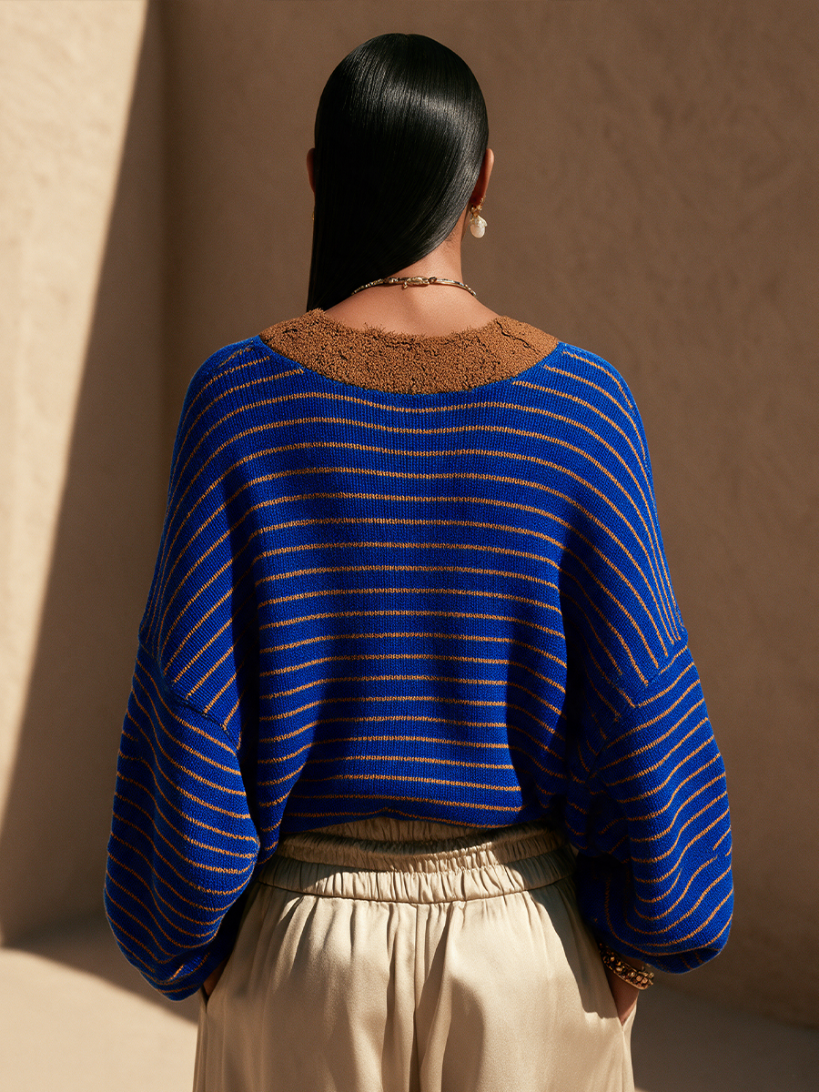 Women's Striped Lace Panel Casual V-Neck Sweater