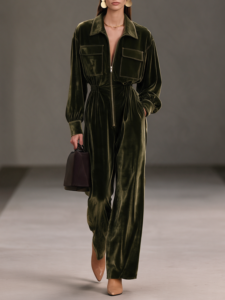 Women's Olive-Green Velvet Collared Zip-Front Long-Sleeve Wide-Leg Jumpsuit