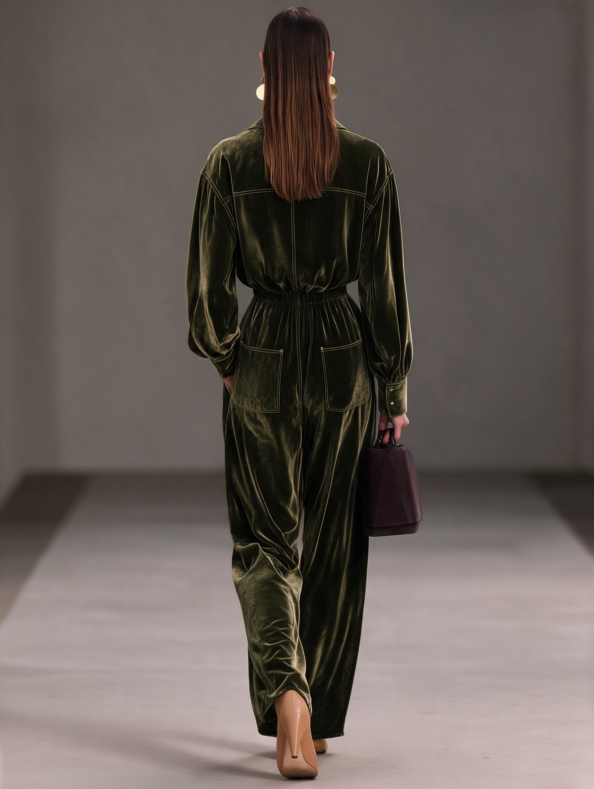 Women's Olive-Green Velvet Collared Zip-Front Long-Sleeve Wide-Leg Jumpsuit