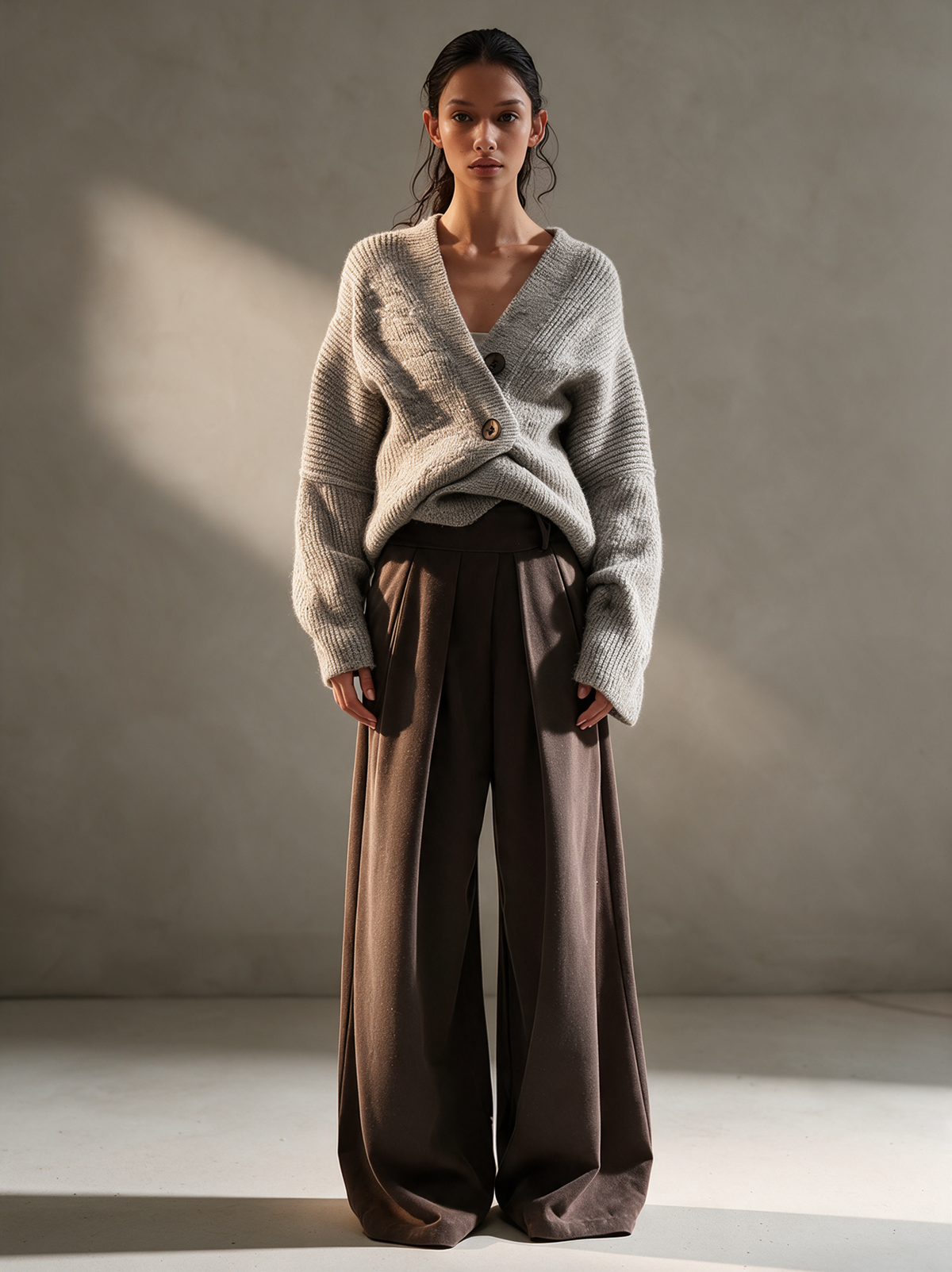 Women's Heather Gray V-Neck Crossed Wrap Side Button Oversized Knit Sweater