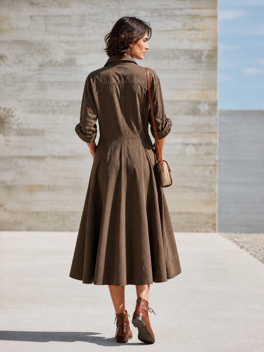 Women's Collared V-Neck Long Sleeve Tiered Cotton Midi Shirt Dress