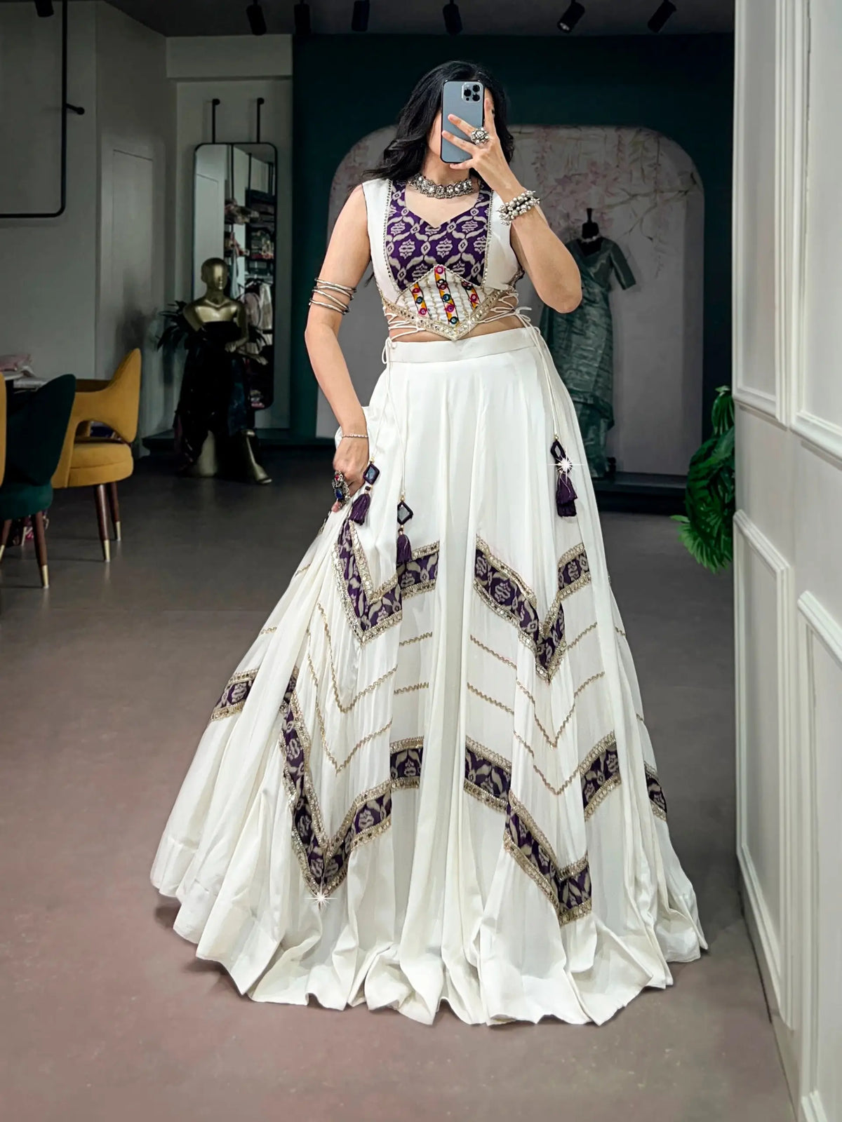 6 Meter Flair | White Chaniya Choli With Heritage Print & Mirror Work
