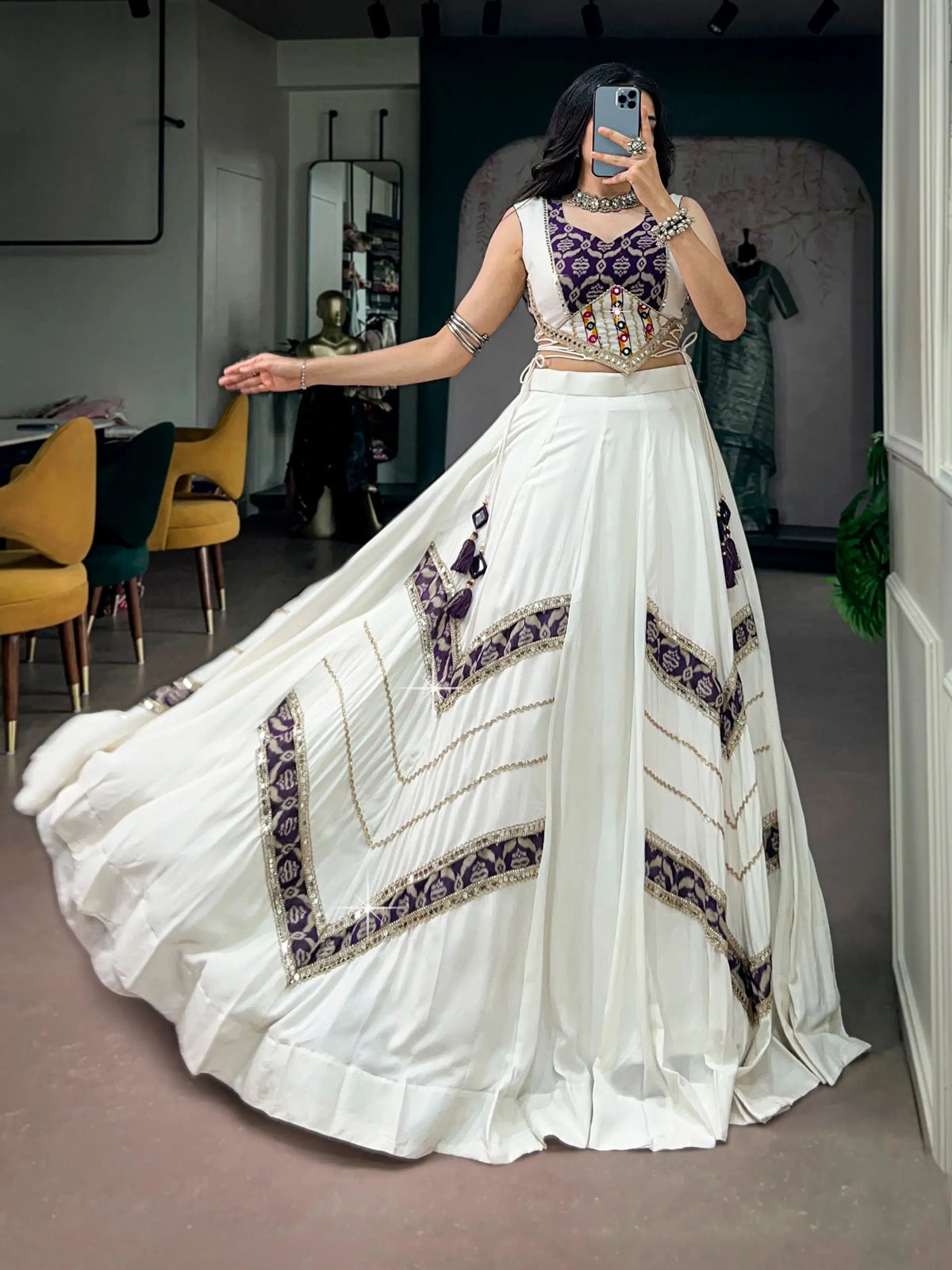 6 Meter Flair | White Chaniya Choli With Heritage Print & Mirror Work
