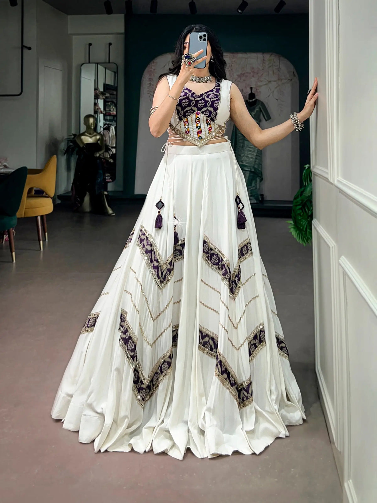 6 Meter Flair | White Chaniya Choli With Heritage Print & Mirror Work