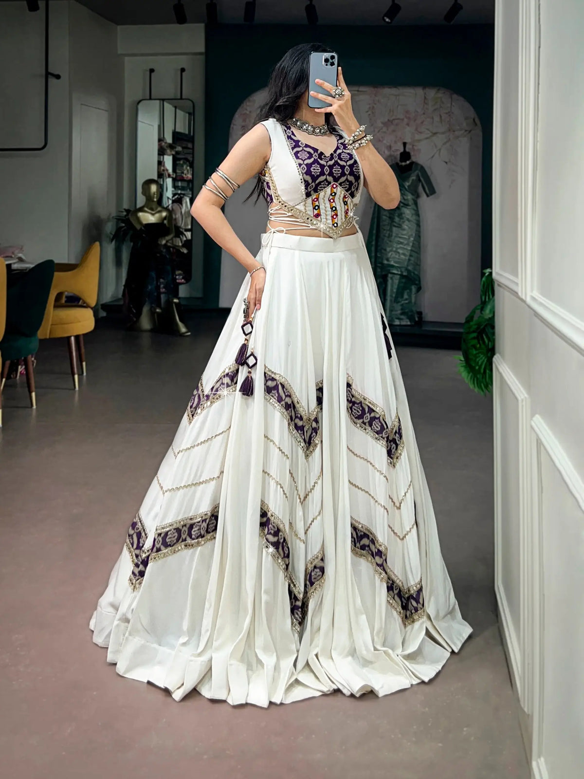 6 Meter Flair | White Chaniya Choli With Heritage Print & Mirror Work