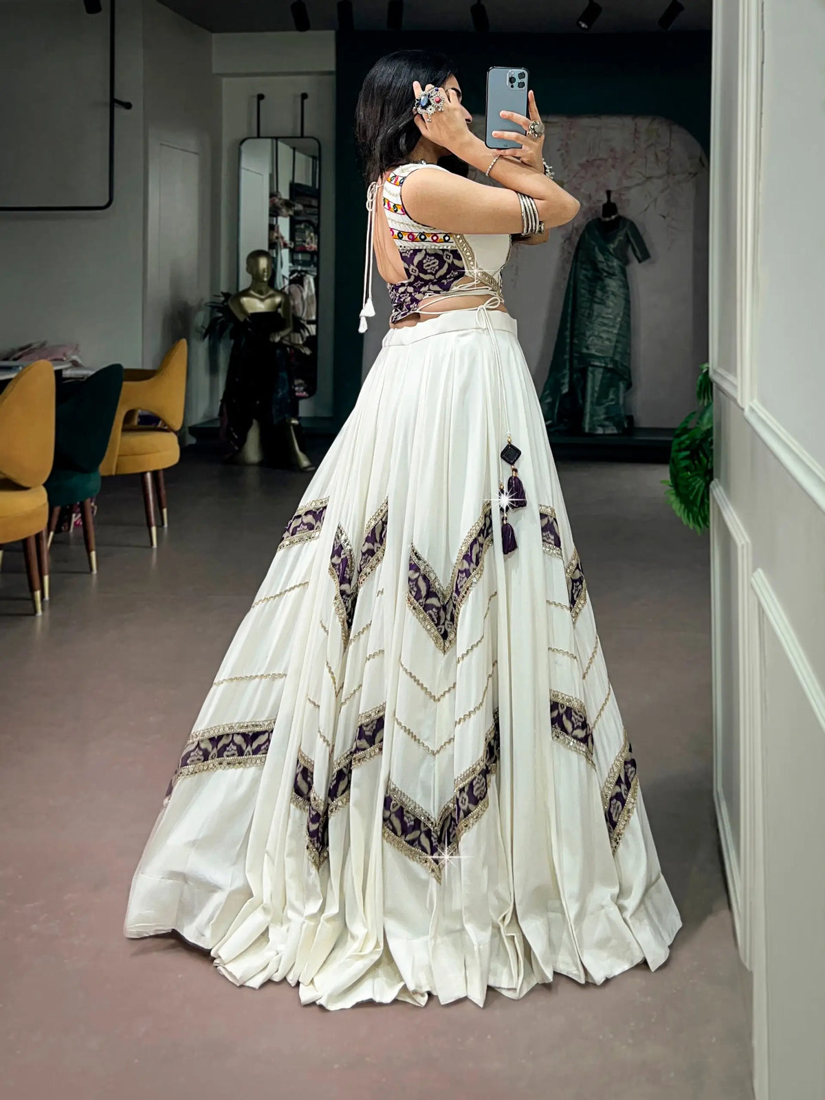 6 Meter Flair | White Chaniya Choli With Heritage Print & Mirror Work