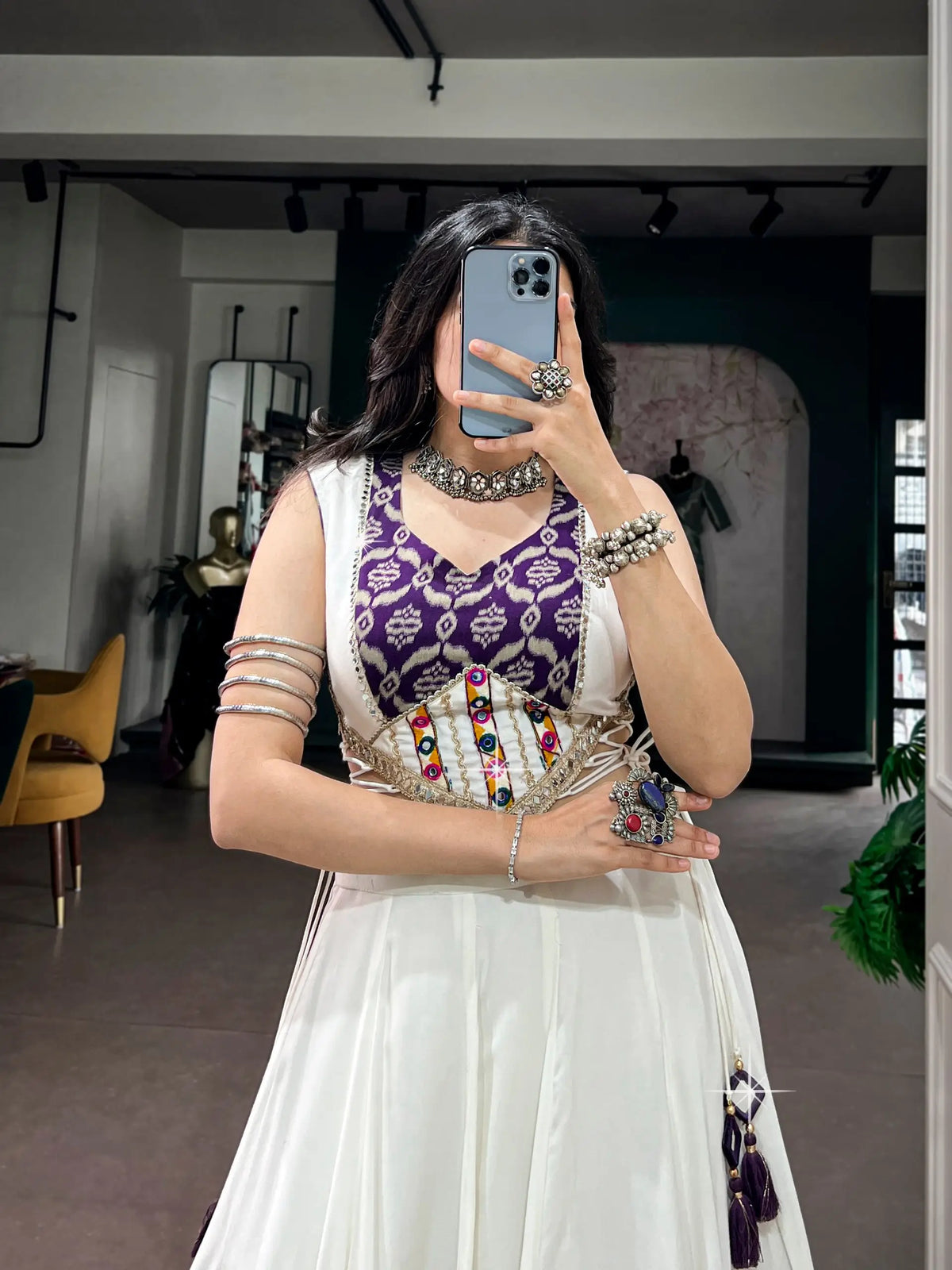 6 Meter Flair | White Chaniya Choli With Heritage Print & Mirror Work