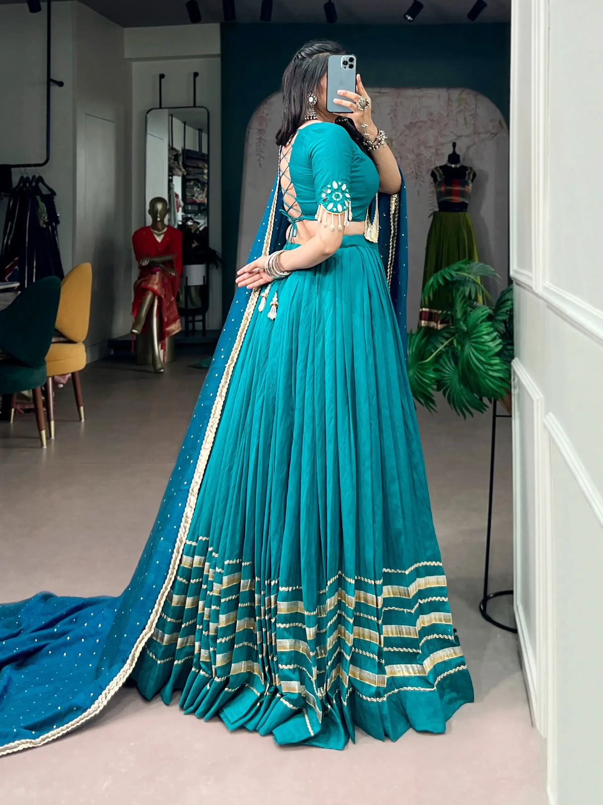 7 Meter Flair | Teal Blue Chanderi Navratri Lehenga Choli With Dupatta