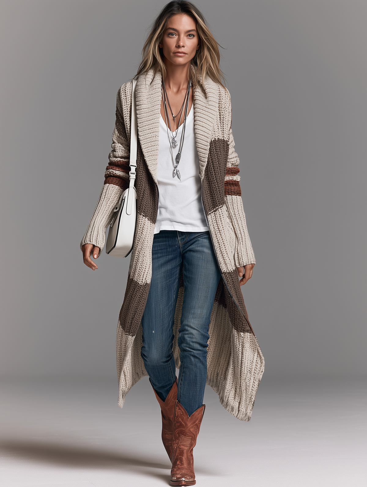Women's Vintage Shawl Collar Long Zip-Up Cardigan