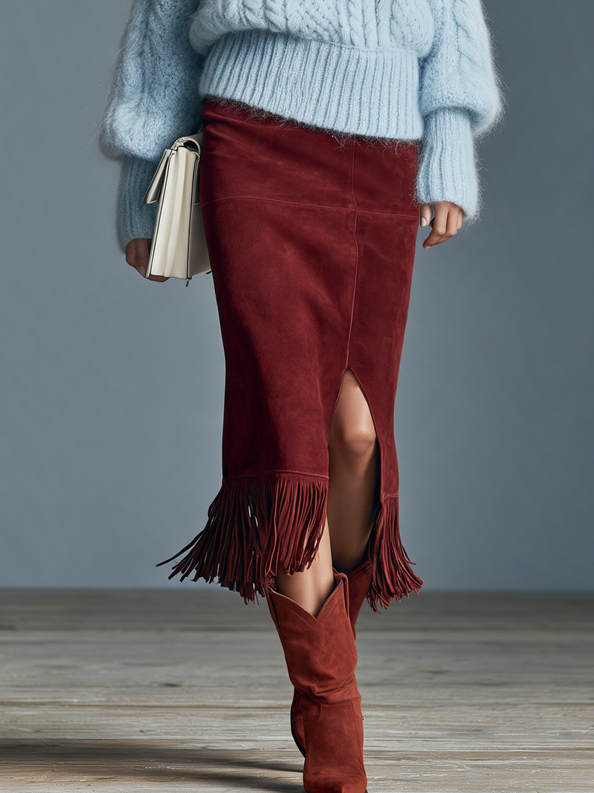 Women's Vintage Suede Straight-Cut Skirt With Fringed Hem
