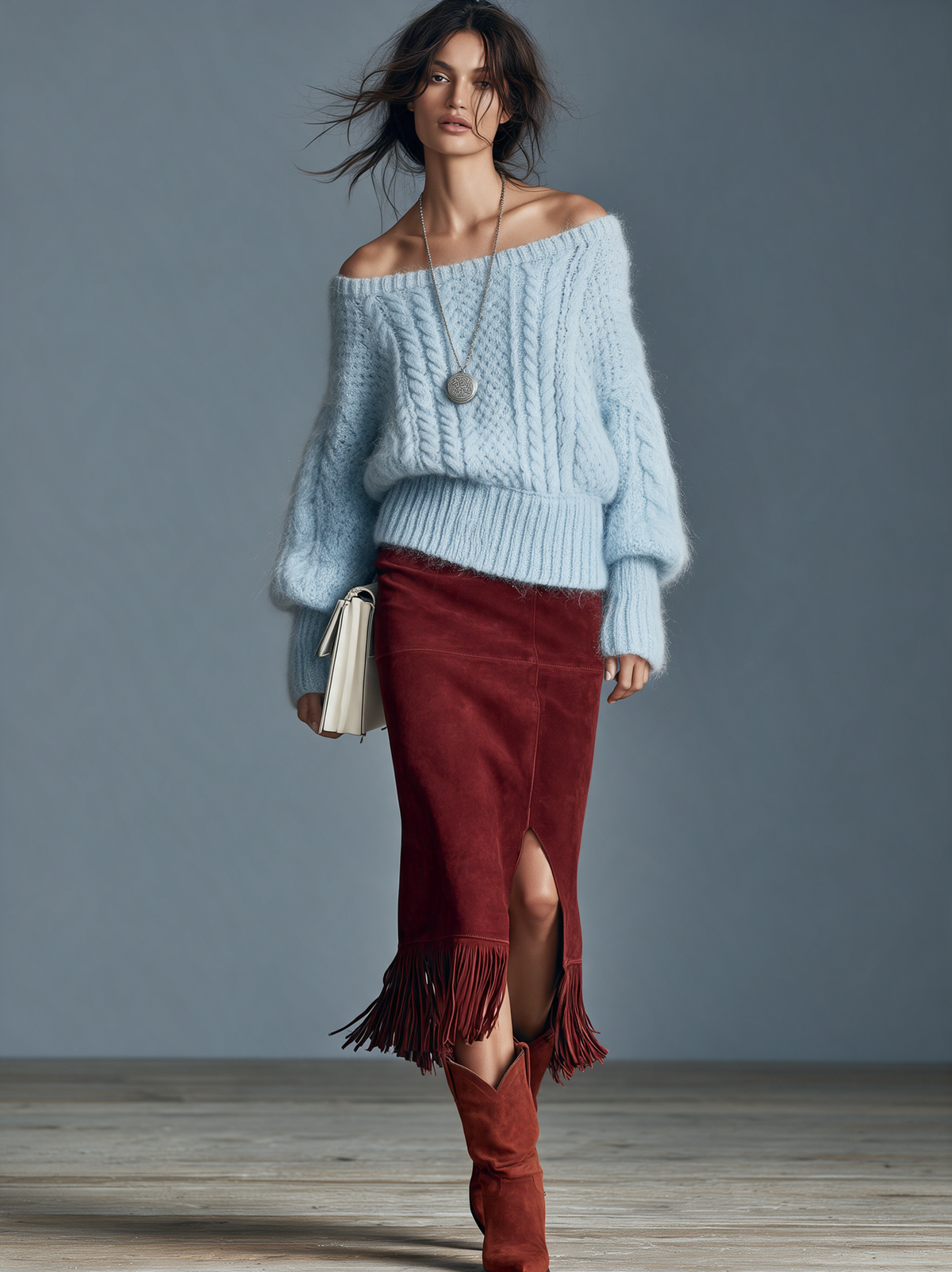 Women's Vintage Off-Shoulder Cable-Knit Sweater