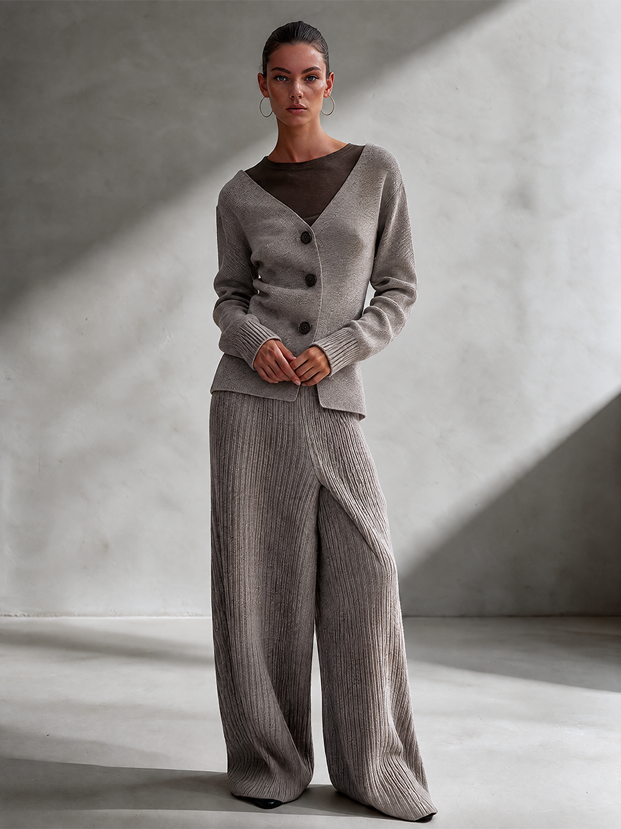 Women's V-neck Diagonal Button Knit Top & Vertical Rib Wide Leg Knit Pants Set