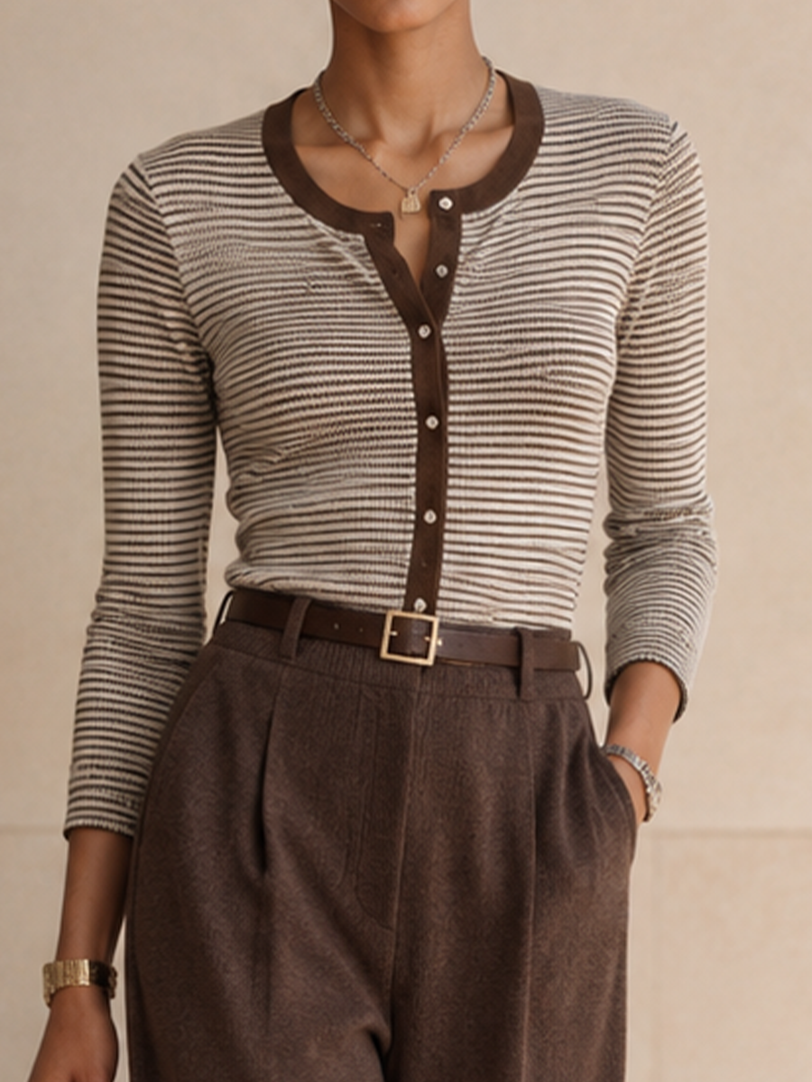 Women's Striped Trim Elegant Top And Wide-Leg Pants Set(Belt Not Included)