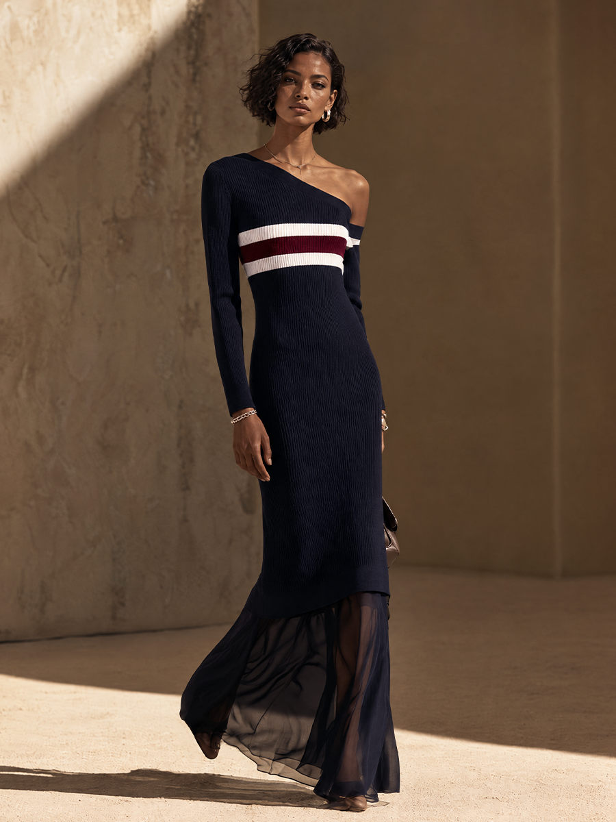 Women's Contrast Stripe Chiffon Hem Elegant Knit Maxi Dress