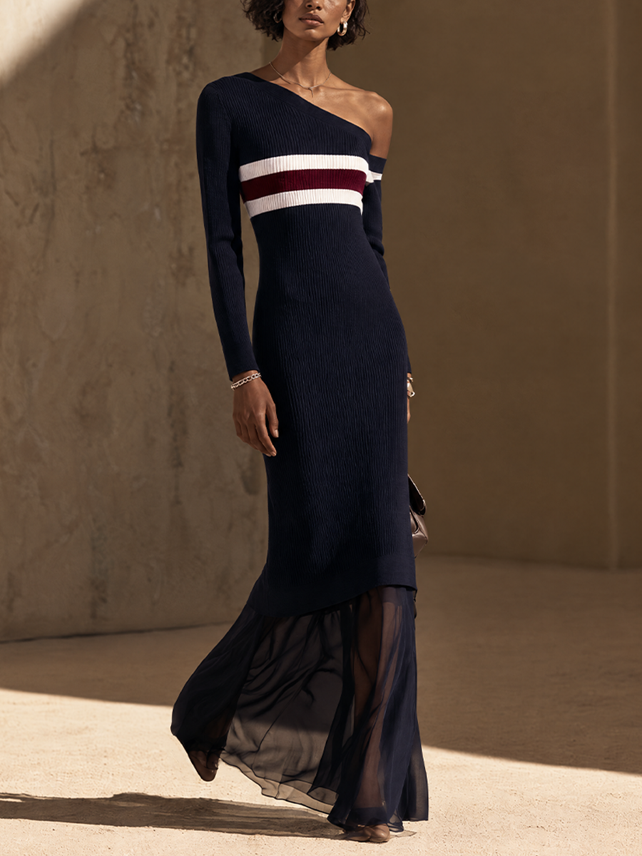 Women's Contrast Stripe Chiffon Hem Elegant Knit Maxi Dress