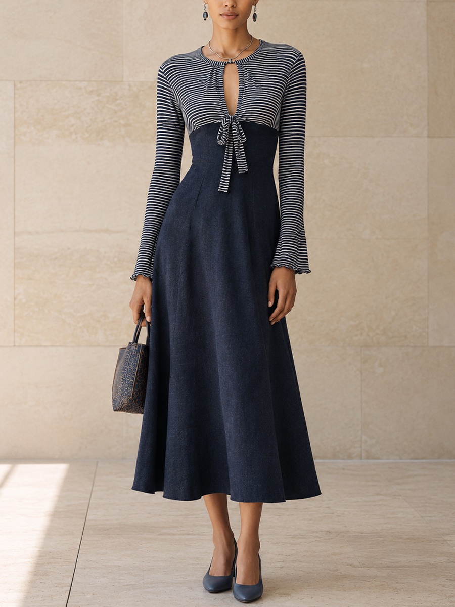 Women's Striped Tie Front Elegant Panel Maxi Dress