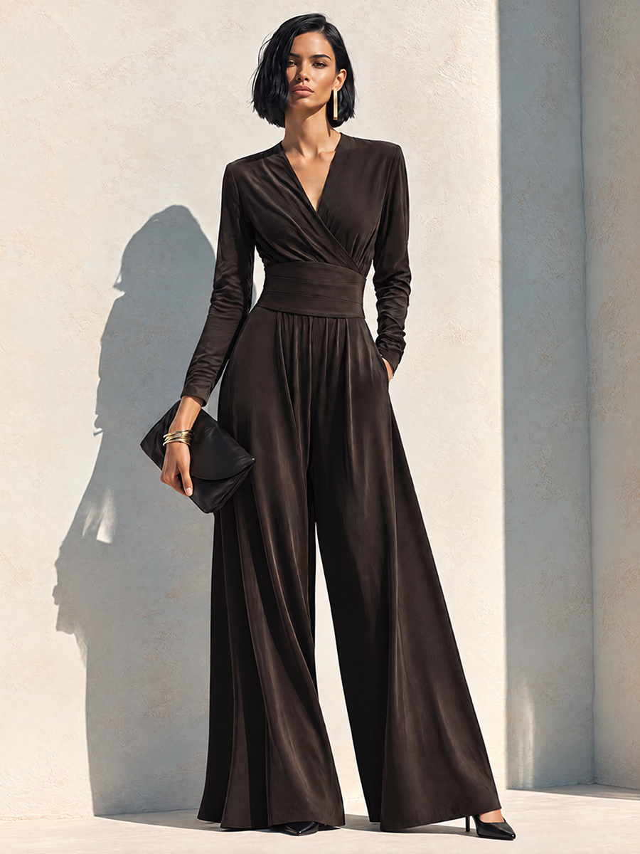 Women's Elegant V-Neck Long-Sleeve Jumpsuit With Drape