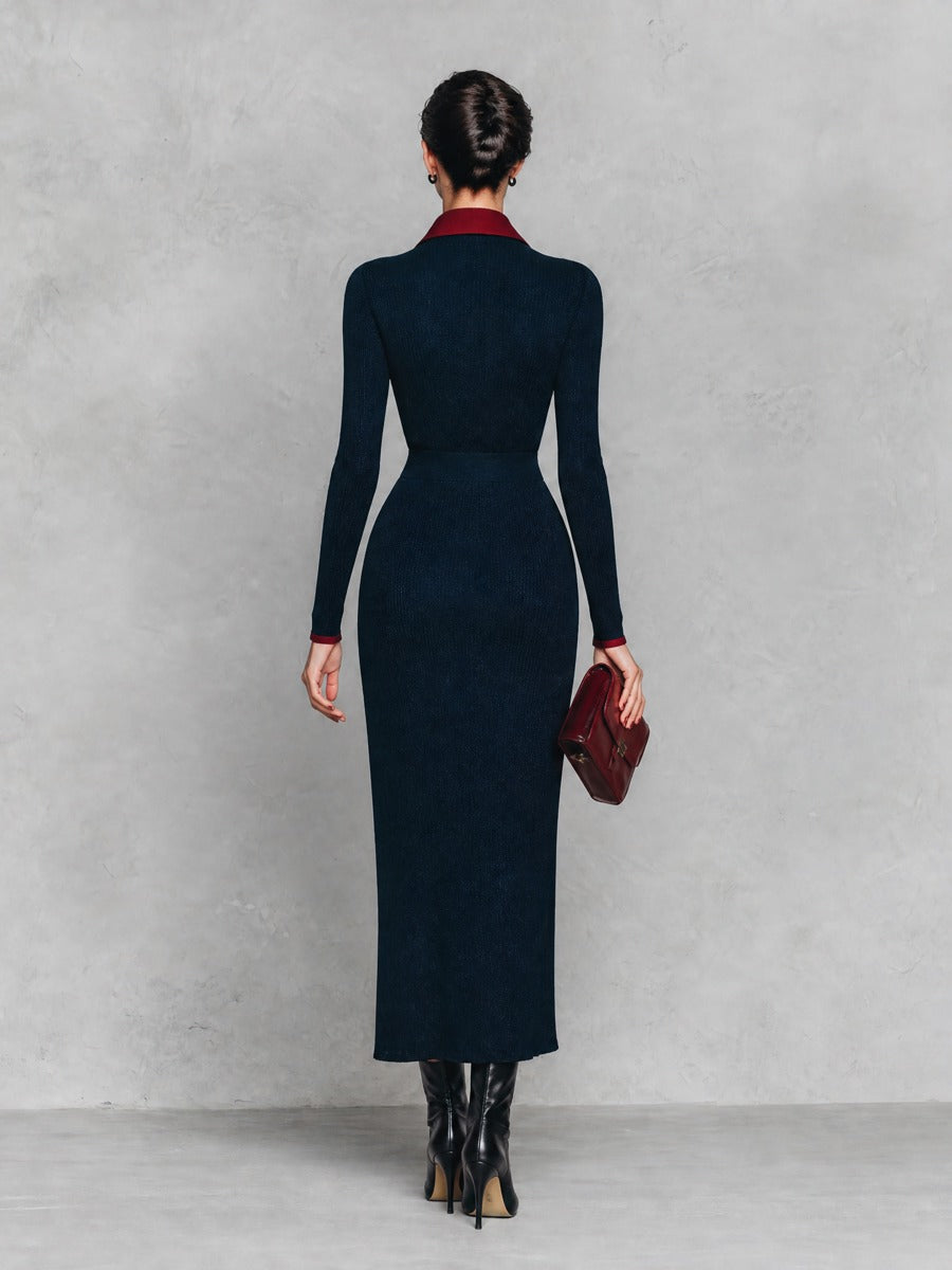 Women's Contrast Collar Ribbed Knit Navy Maxi Dress MDZ1062I5YZJ