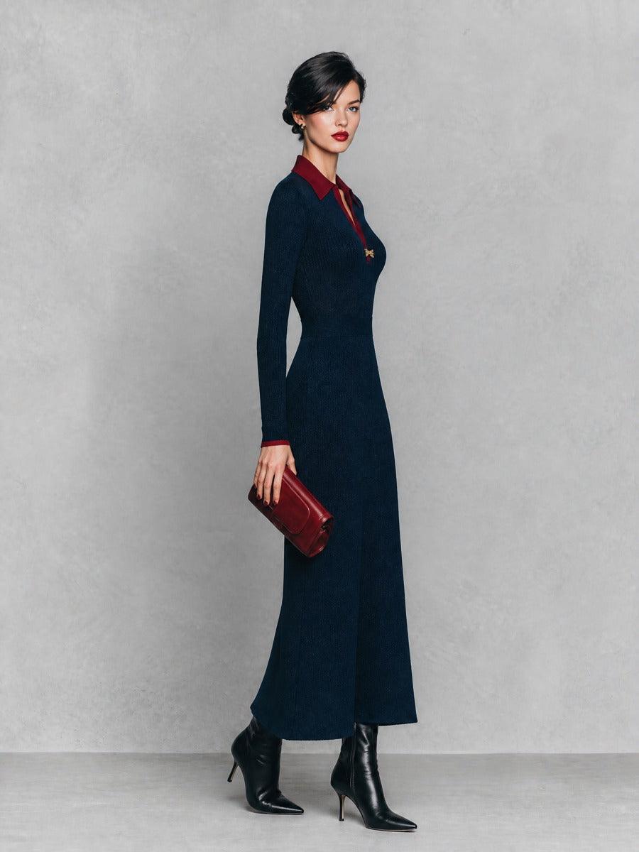 Women's Contrast Collar Ribbed Knit Navy Maxi Dress