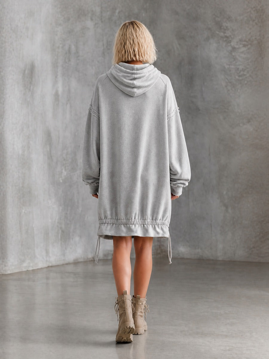 Women's Oversized Drawstring Hem Grey Hoodie Dress
