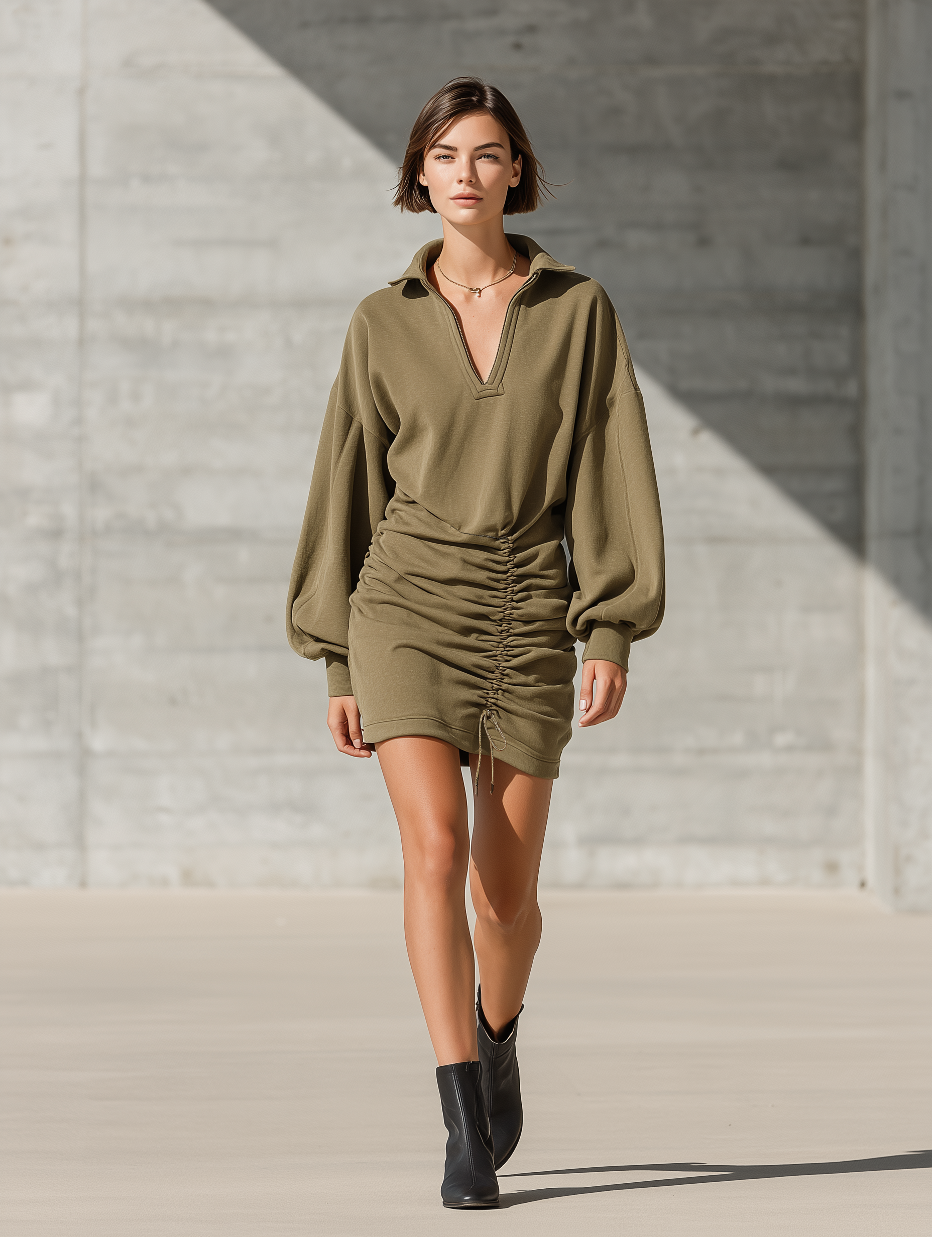 Women's Ruched Drawstring Olive Green Sweatshirt Dress MDZ1012I5YZJ