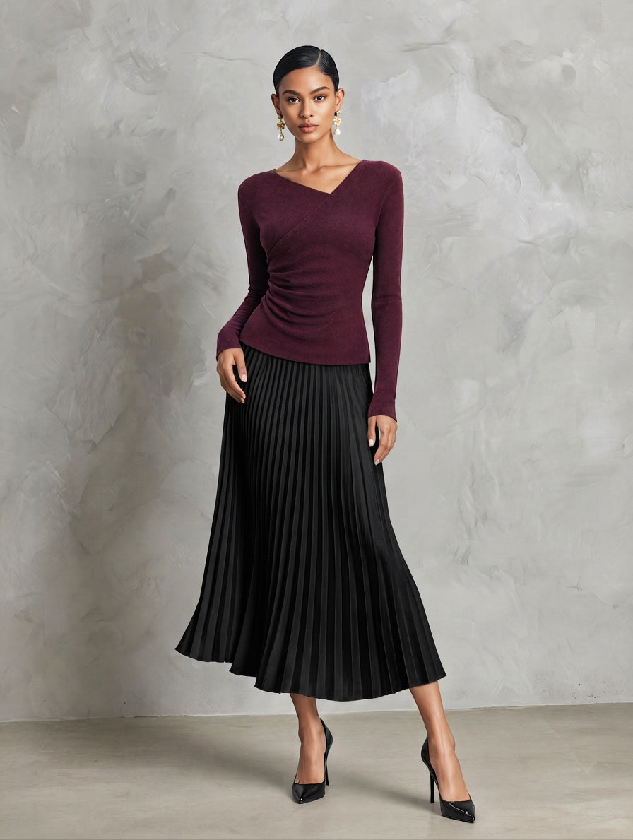Women's Casual Two-Piece Set Featuring A Burgundy Stretch Knit Top And A Black Pleated Skirt