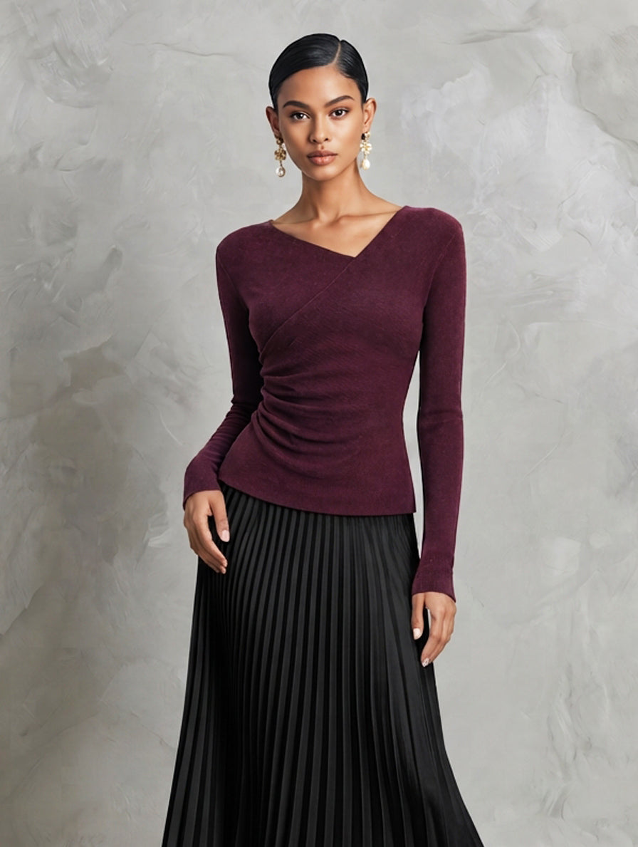 Women's Casual Two-Piece Set Featuring A Burgundy Stretch Knit Top And A Black Pleated Skirt